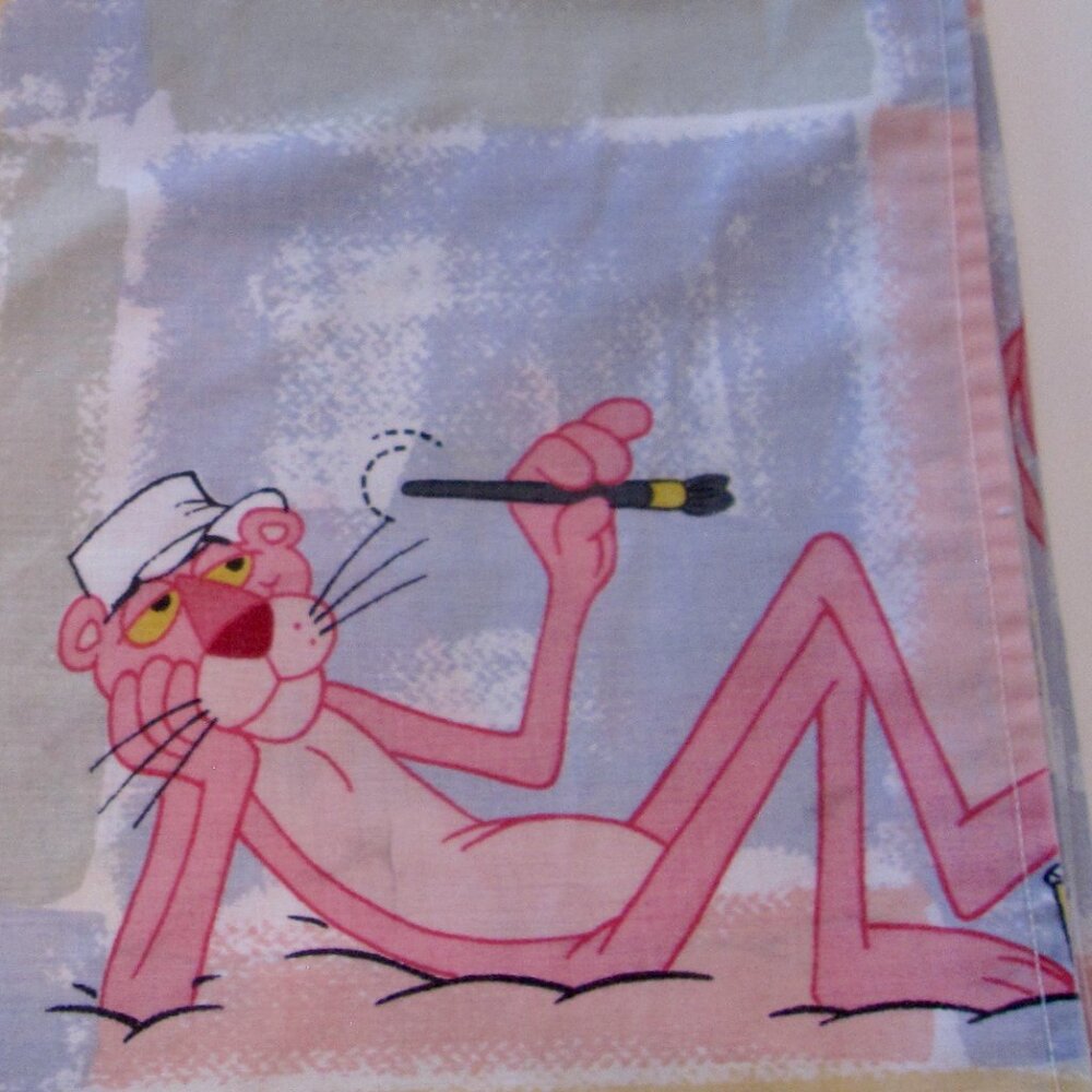 Vintage 1980s PINK PANTHER Flat Sheet Full Size Painter Pastels Fabric USA MADE